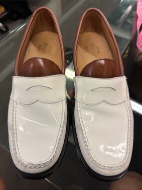 G.H. Bass & Co. White and Brown Patent Leather Penny Loafers